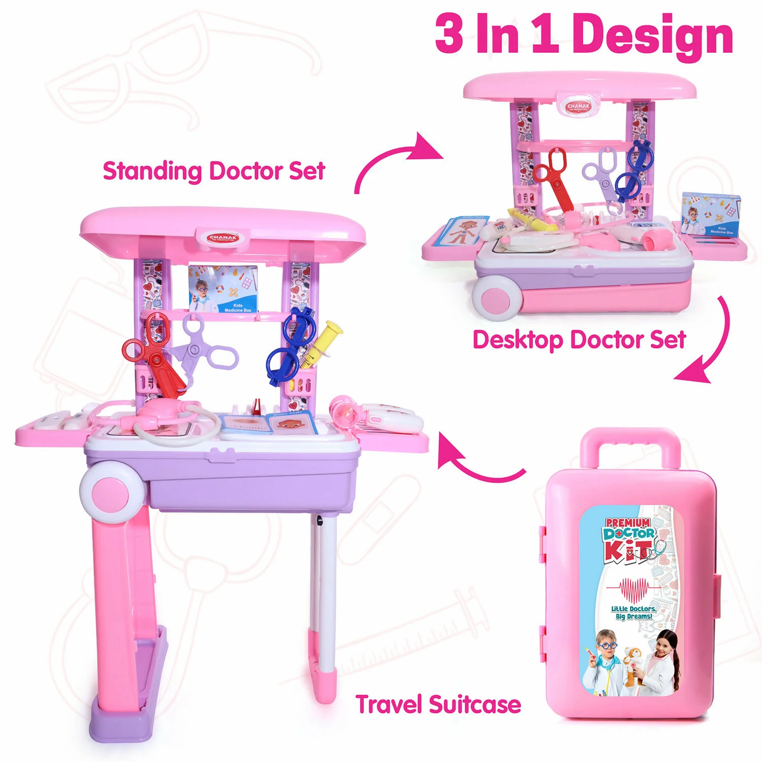 Premium Doctor Set with Pull & Push Trolley for Kids,Doctor Set with LED Light Instruments, 13 Piece Doctor Kit, BIS Approved (Pink) - Image 8