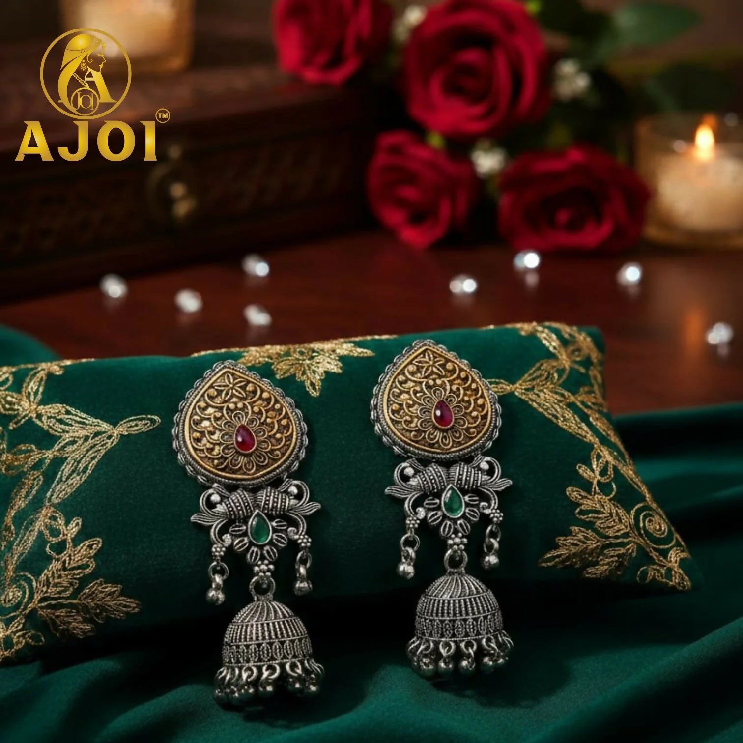 Premium Dual Tone Stone Jhumka Earrings with Elegant Traditional Detailing - Image 3