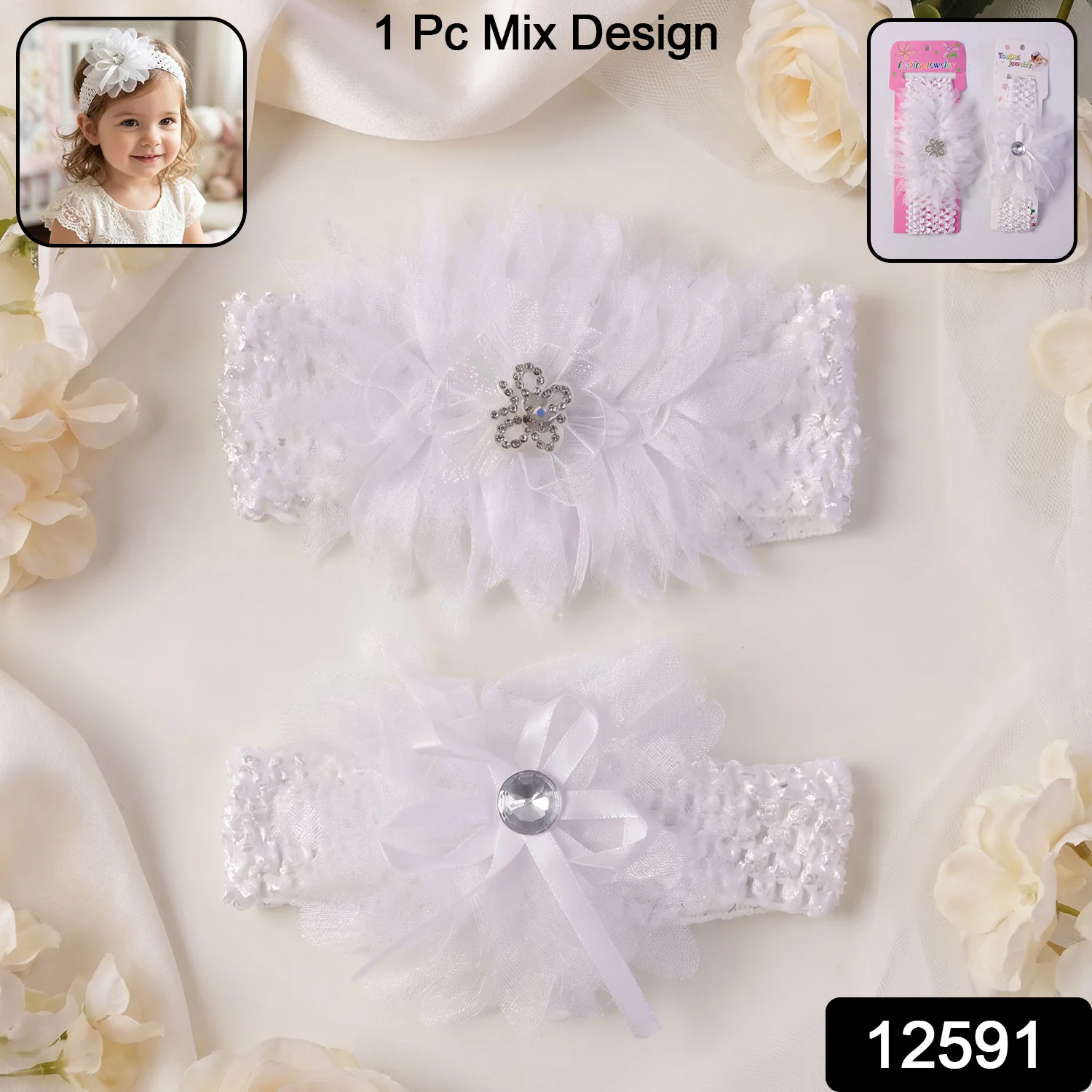 Soft Elastic Baby Hair Headband with Floral Lace Design (1 Pc, Mix Design) - Image 2