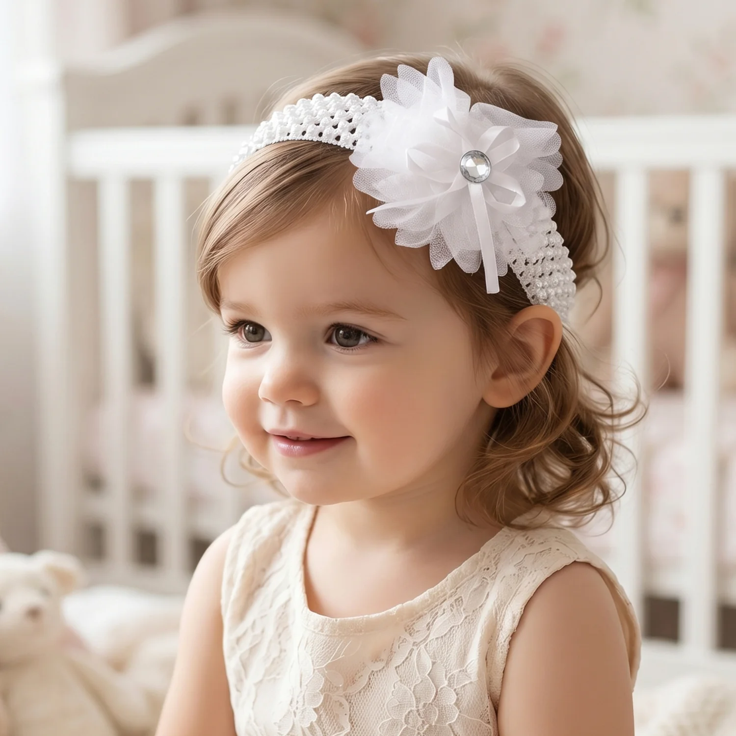Soft Elastic Baby Hair Headband with Floral Lace Design (1 Pc, Mix Design) - Image 4