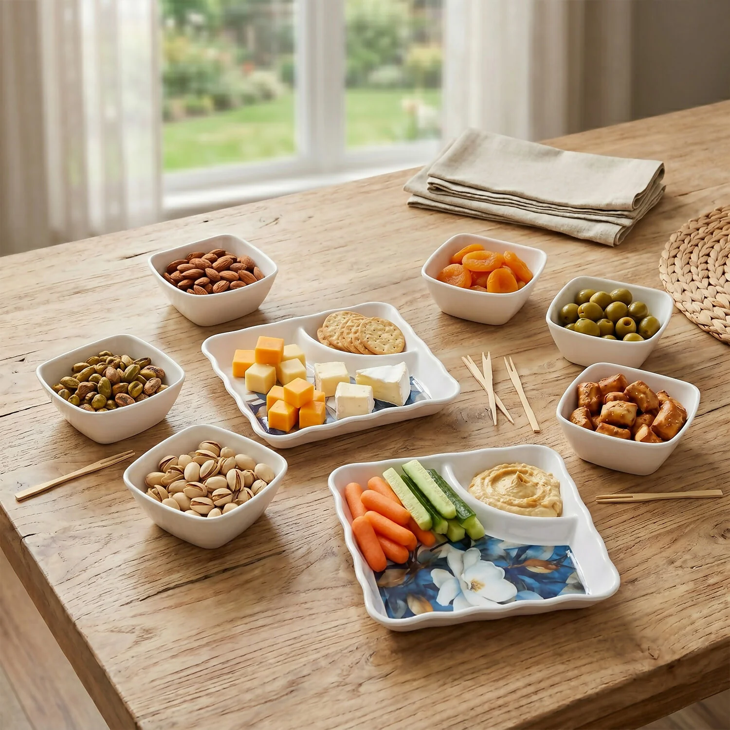 Premium Floral Design Melamine Serving Bowl & Plate Set for Snacks & Starters (8 Pc) - Image 2
