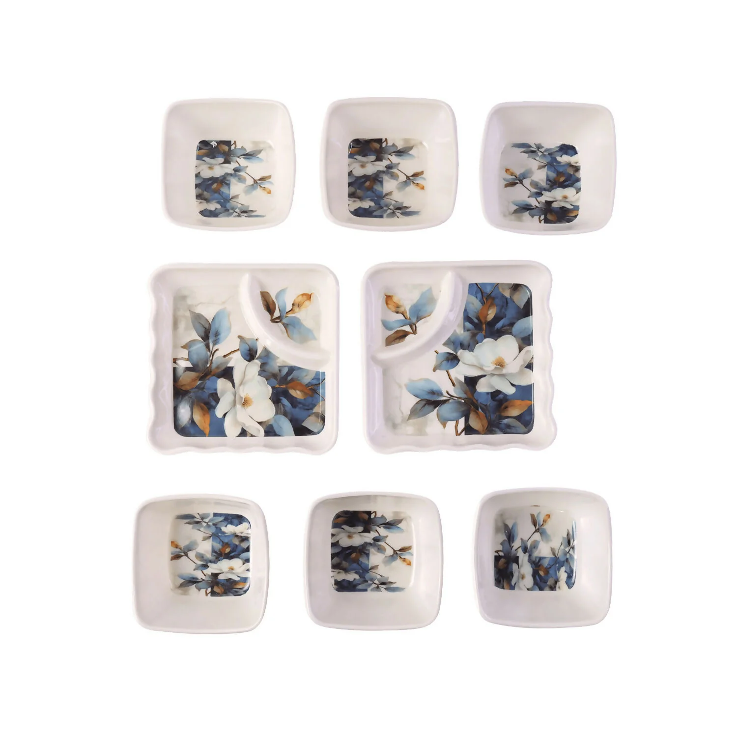 Premium Floral Design Melamine Serving Bowl & Plate Set for Snacks & Starters (8 Pc) - Image 4