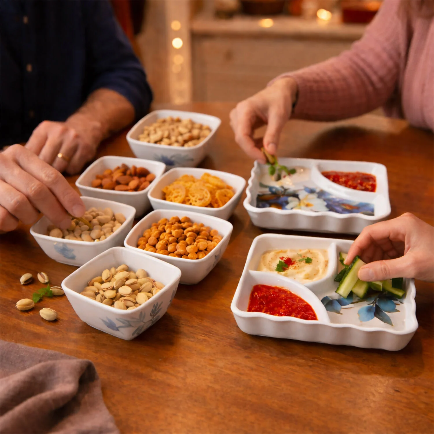 Premium Floral Design Melamine Serving Bowl & Plate Set for Snacks & Starters (8 Pc) - Image 5