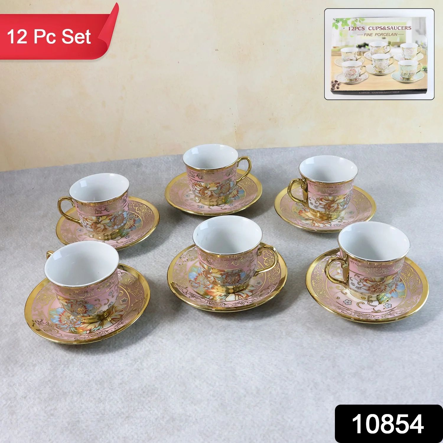 Premium Floral Porcelain Tea Cup and Saucer Set (12 Pc Set) - Image 2