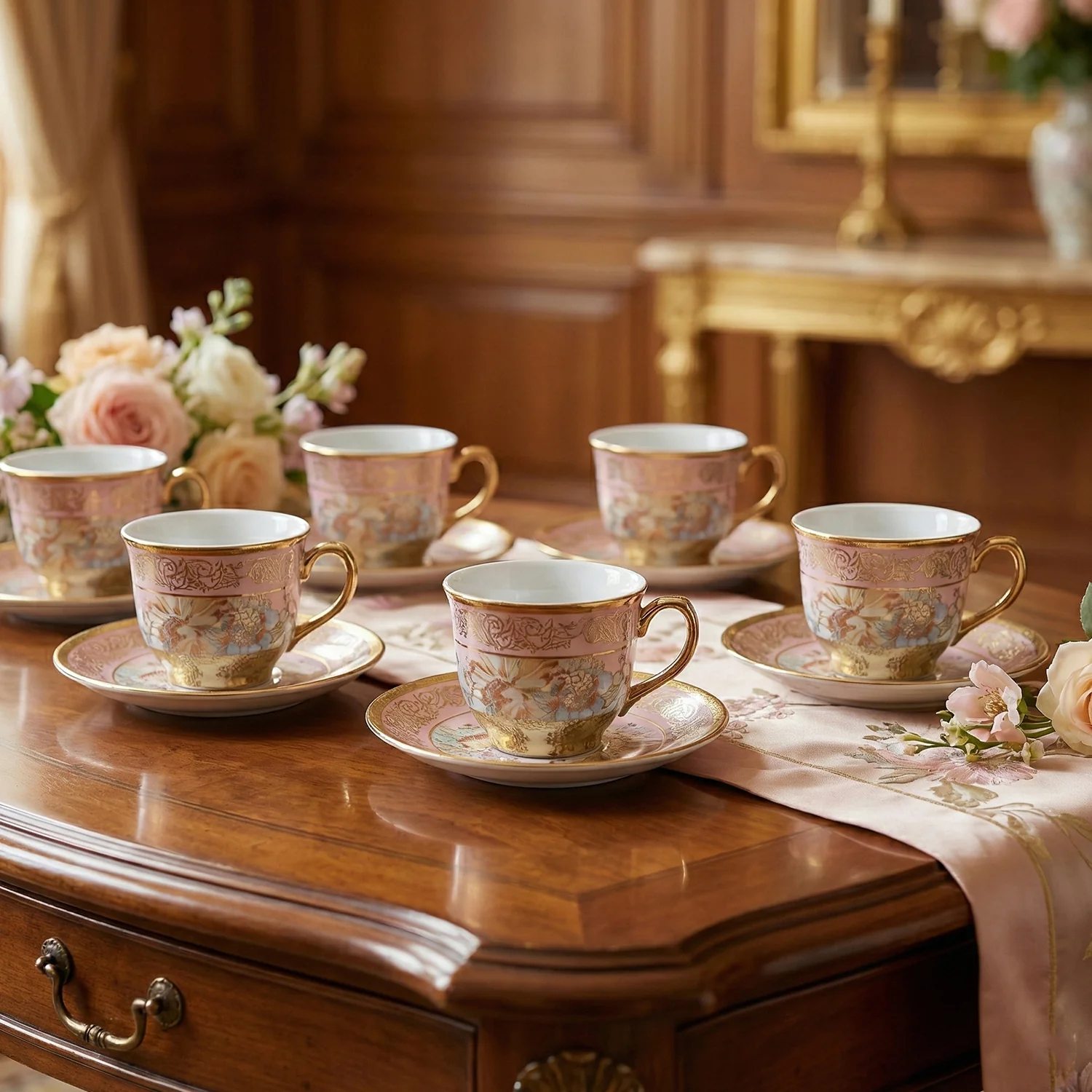 Premium Floral Porcelain Tea Cup and Saucer Set (12 Pc Set) - Image 5