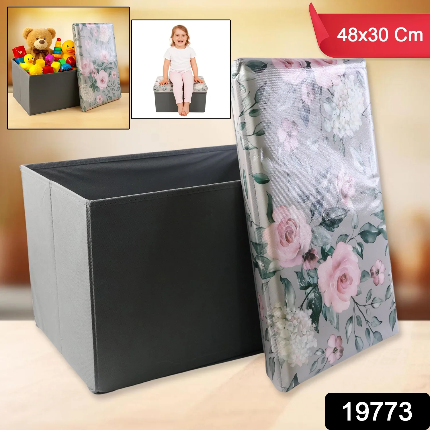 Premium Foldable Storage Box with Floral Lid (1 Pc) - Image 2