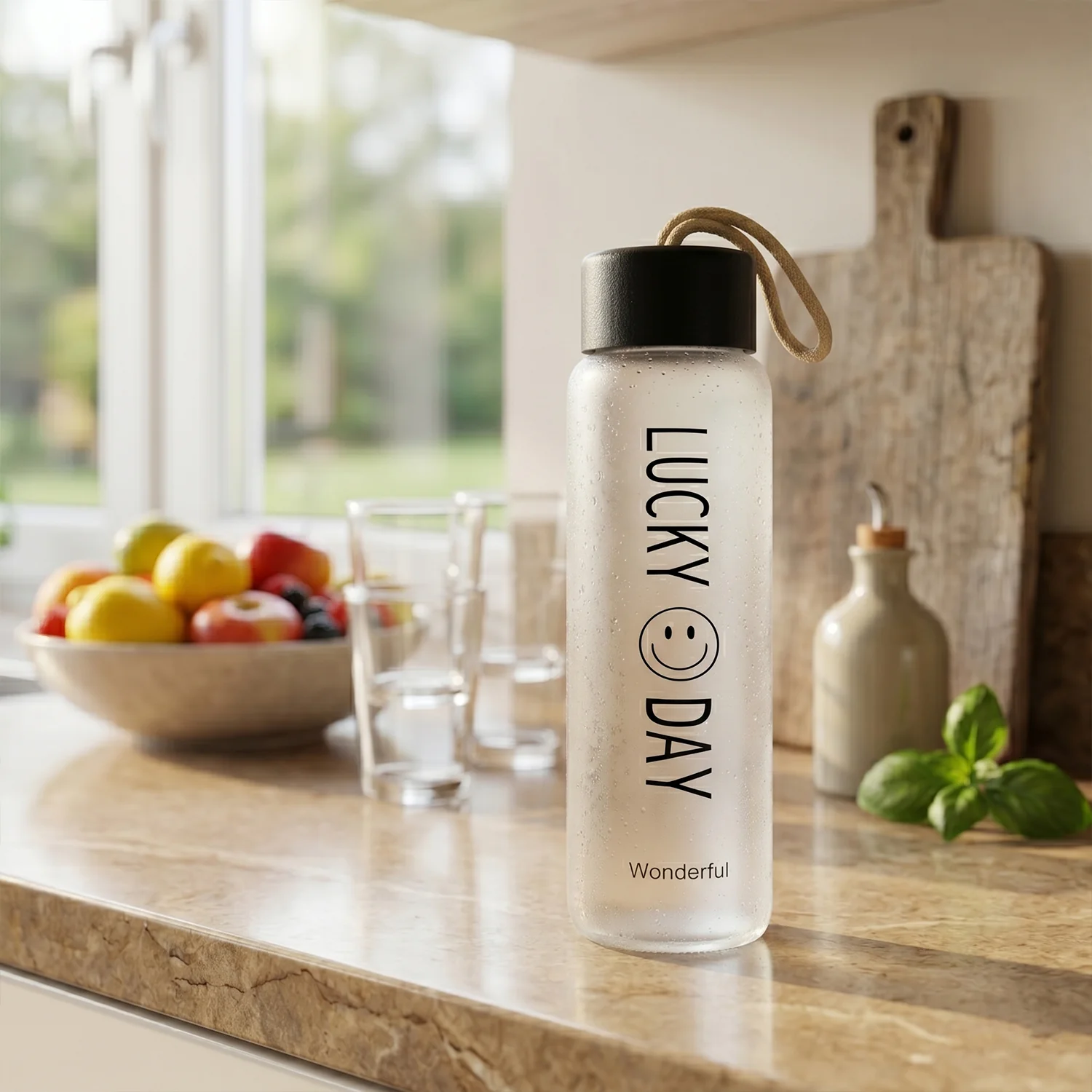 Premium Frosted Glass Water Bottle with Leak Proof Lid (350 ML) - Image 5