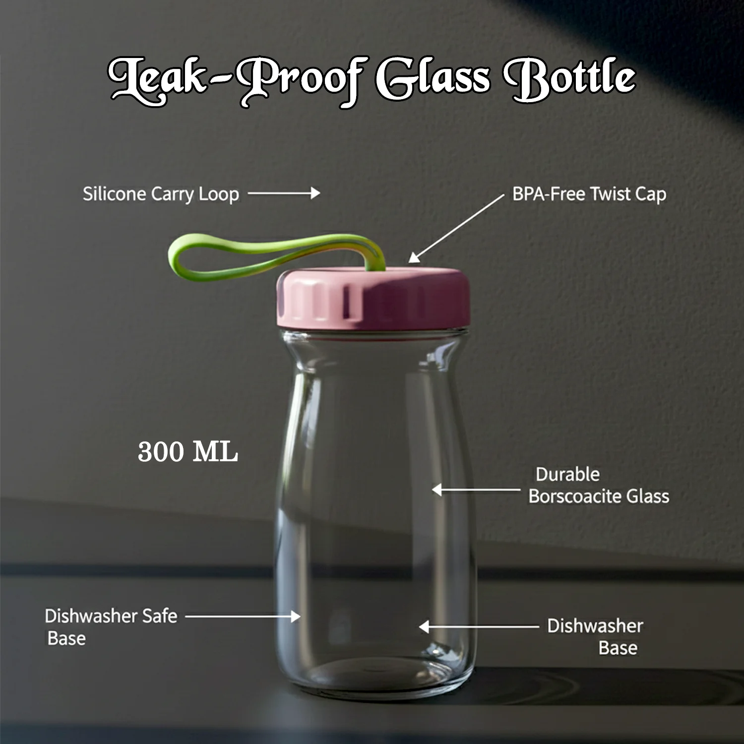 Premium Glass Bottle with Leak-Proof Lid 300 ML - Image 4