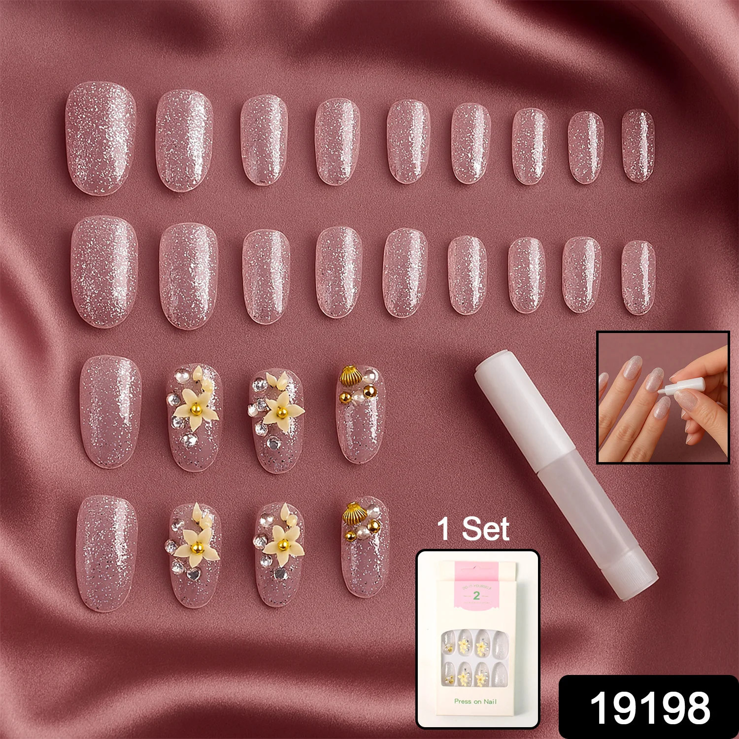 Glitter 3D Floral Press-On Artificial Nail Tips with Nail Glue fake nails (1 Set) - Image 2