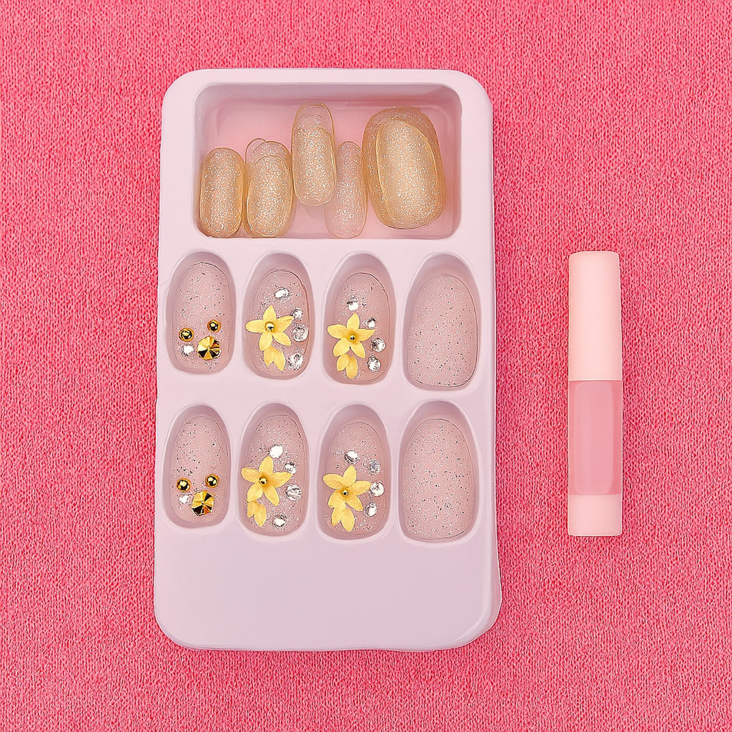 Glitter 3D Floral Press-On Artificial Nail Tips with Nail Glue fake nails (1 Set) - Image 6