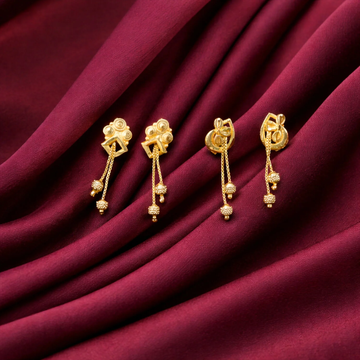 Premium Gold Earrings Combo Set with Floral Tops and Chain Tassel Drops (2 Pair) - Image 3