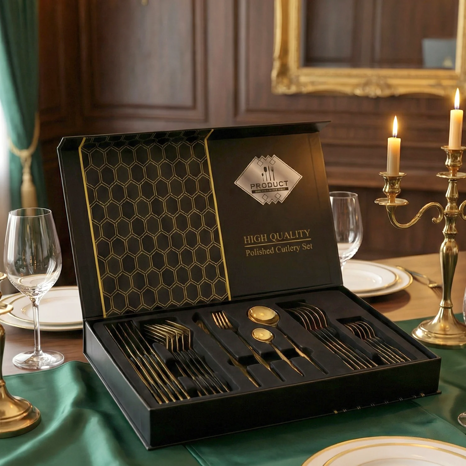 Premium Gold Finish Stainless Steel Cutlery Set with Luxury Gift Box (24 Pc Set) - Image 6