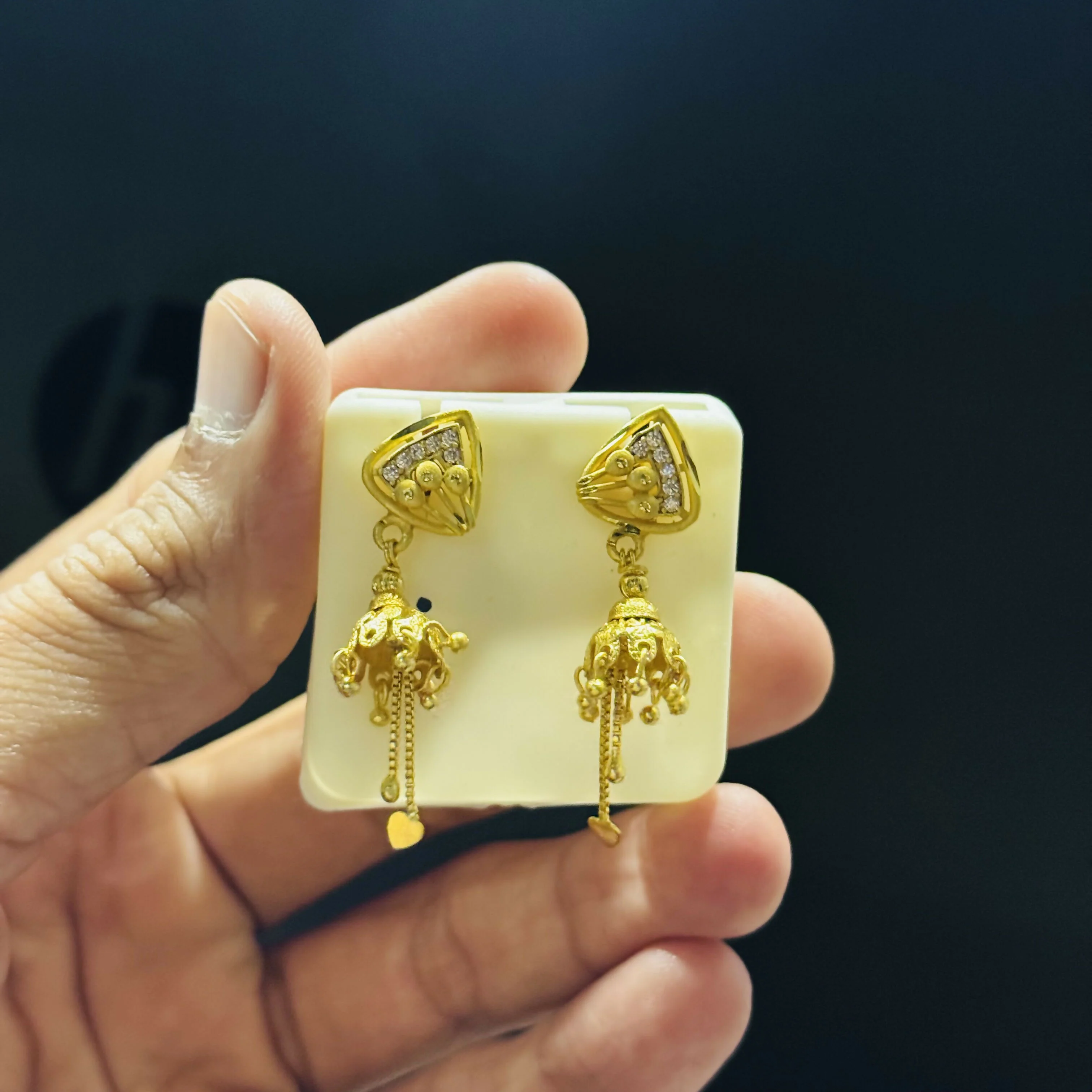 Premium Gold Finish Triangle Jhumki with Chain Tassels - Image 4