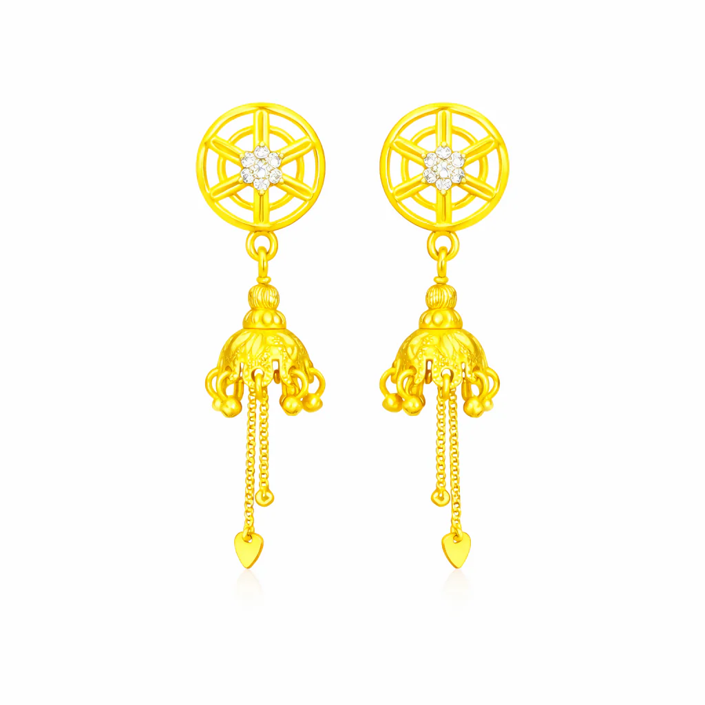 Premium Gold Finish Wheel Style Jhumki with Chain Tassels - Image 3