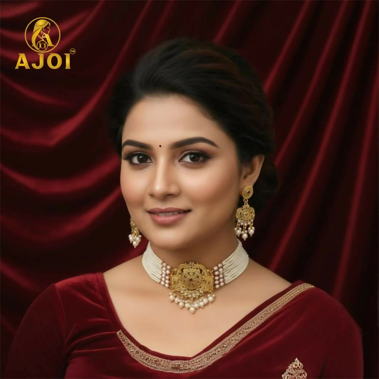 Premium Gold Pearl Traditional Necklace With Earrings. - Image 2