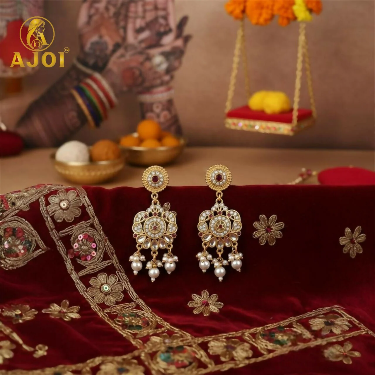 Premium Gold Pearl Traditional Necklace With Earrings. - Image 3