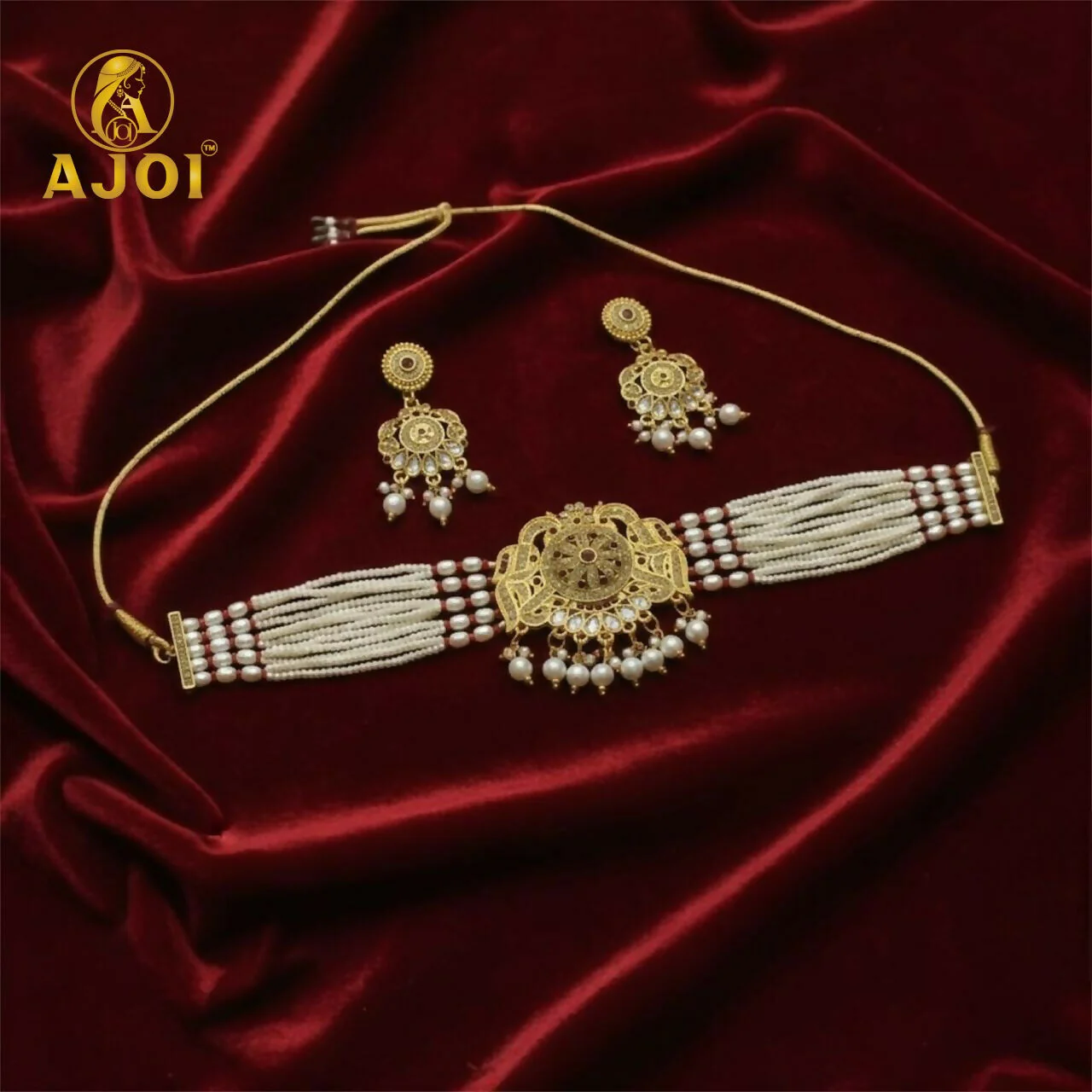Premium Gold Pearl Traditional Necklace With Earrings. - Image 4