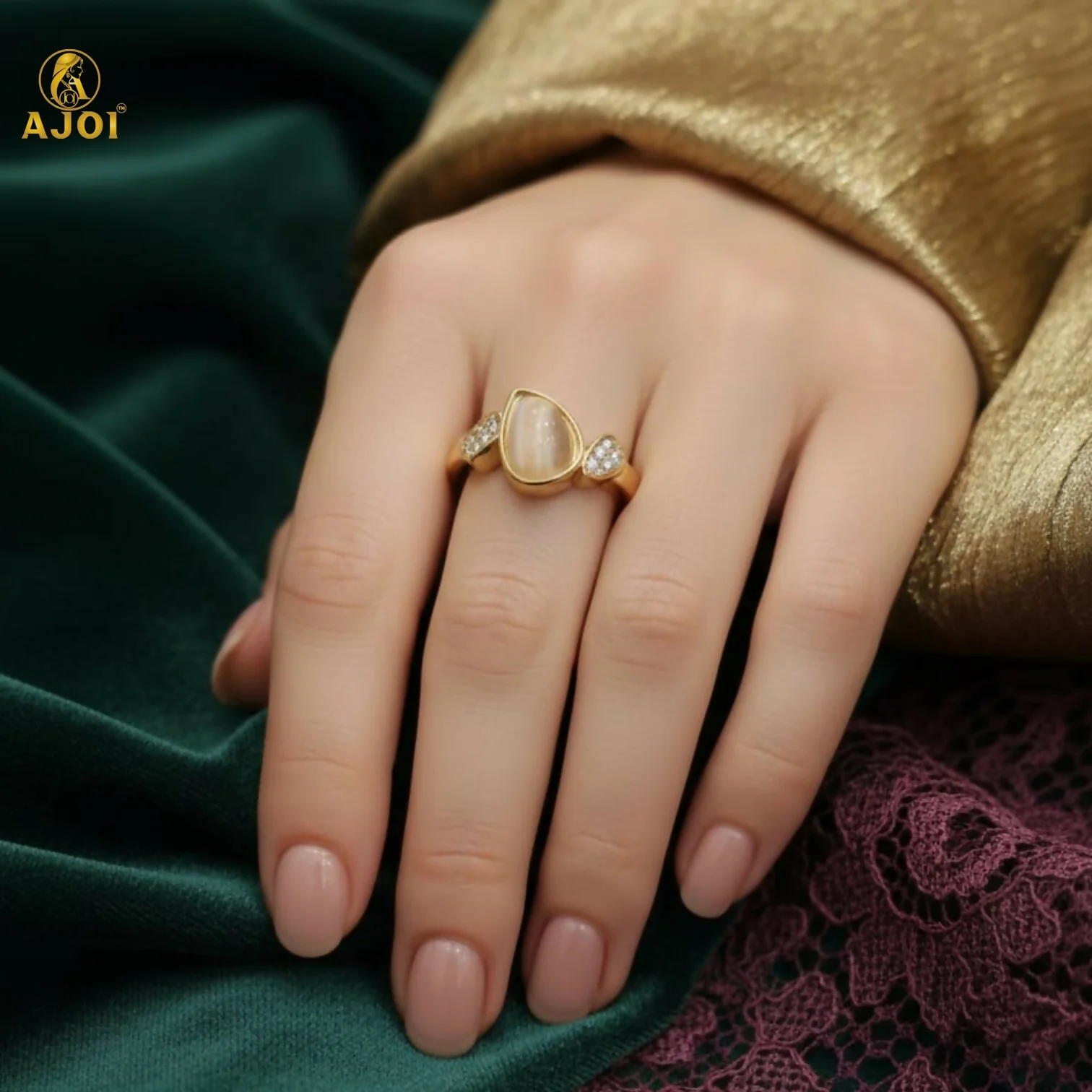 Premium Gold Plated Cat Eye Stone Designer Ring for Women - Image 2