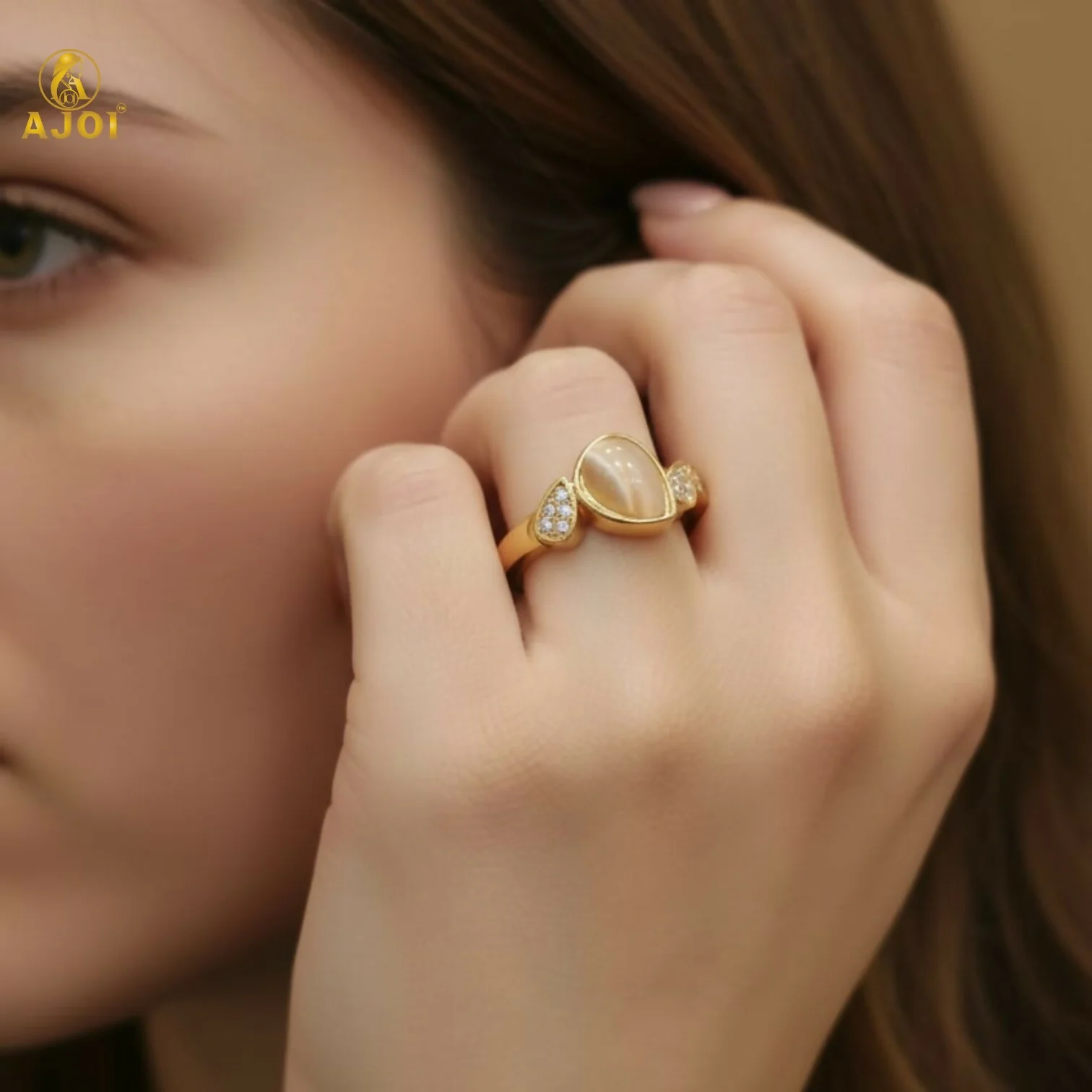 Premium Gold Plated Cat Eye Stone Designer Ring for Women - Image 3