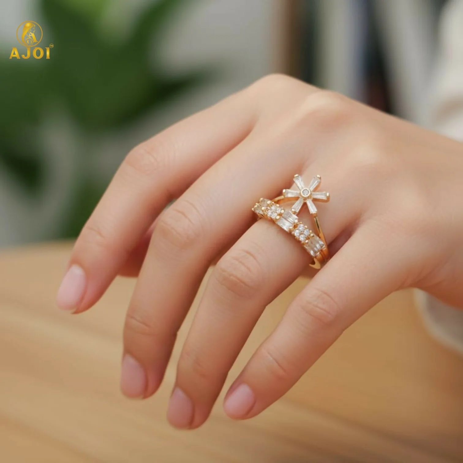 Premium Gold Plated Crown & Floral Crystal Ring for Women - Image 3
