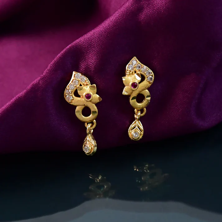 Premium Gold Plated Designer Earrings with Ruby & Crystal Drops - Image 2