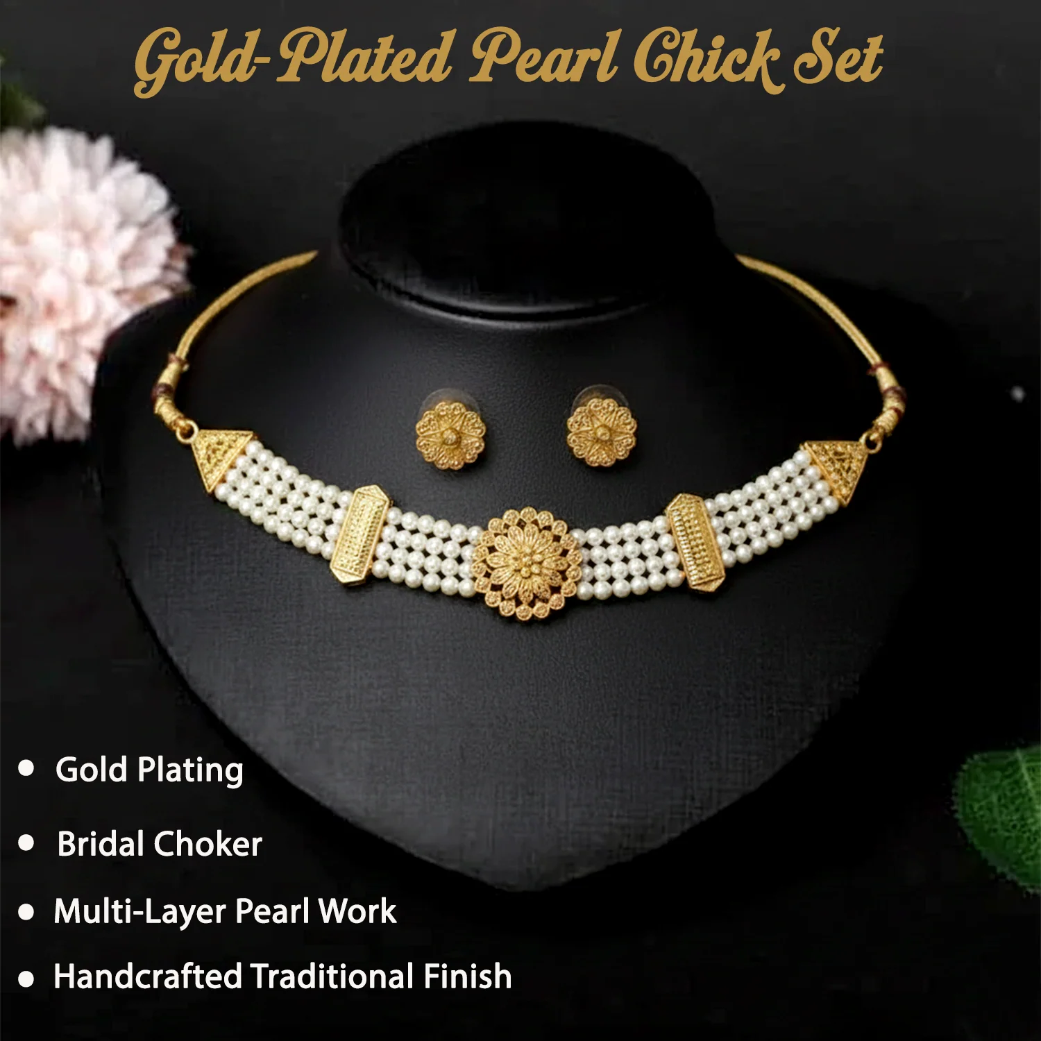 Premium Gold-Plated Pearl Chick Set | Traditional Bridal Jewellery Set - Image 4