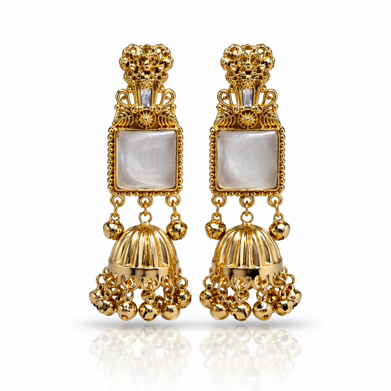 Premium Gold-Plated Traditional Pearl & Stone Jhumka Kashmiri Earrings - Image 3