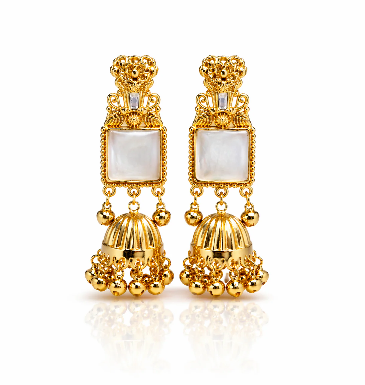 Premium Gold-Plated Traditional Pearl & Stone Jhumka Kashmiri Earrings - Image 4