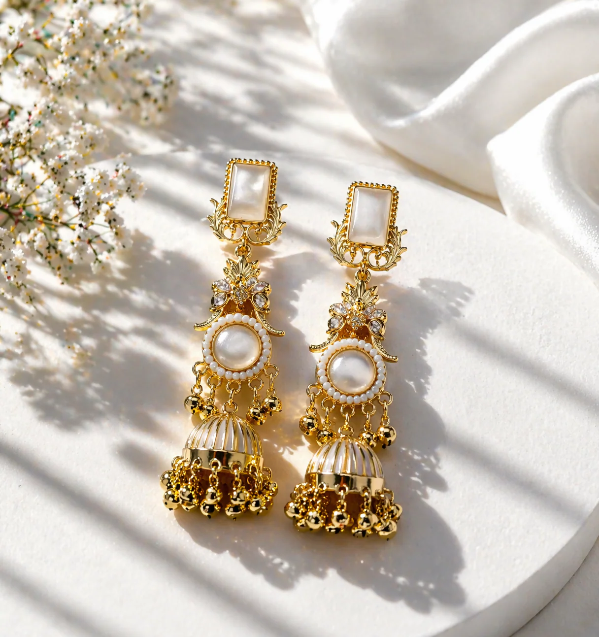 Premium Gold-Plated Traditional Pearl & Stone Jhumka Kashmiri Earrings - Image 2