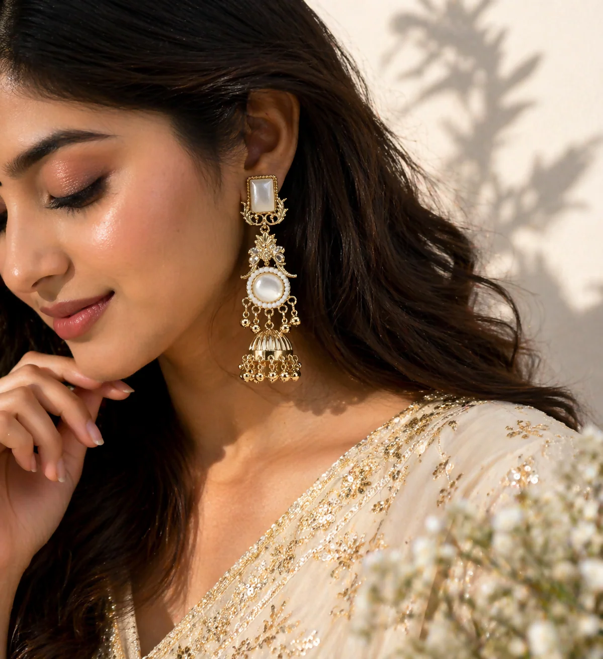 Premium Gold-Plated Traditional Pearl & Stone Jhumka Kashmiri Earrings - Image 3