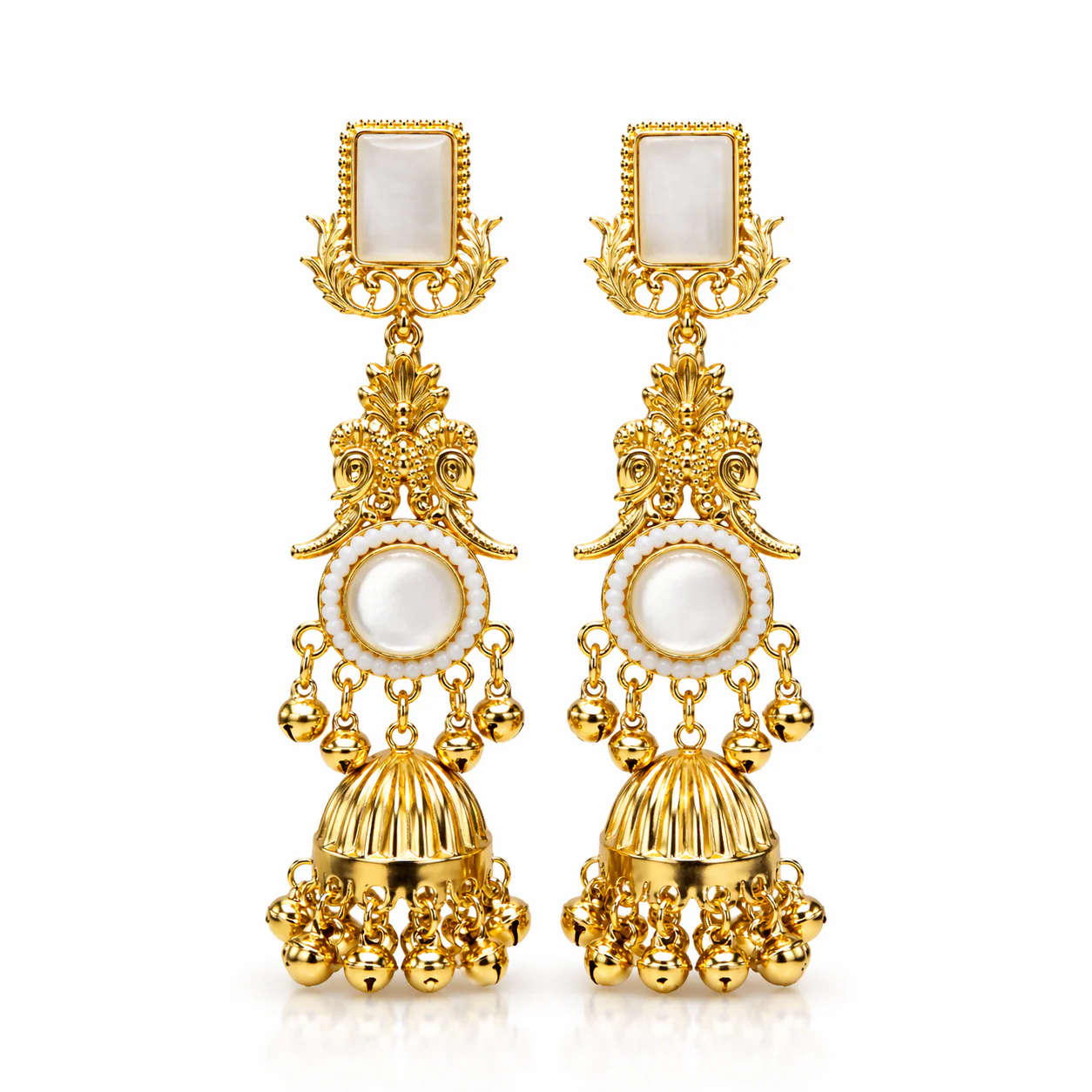 Premium Gold-Plated Traditional Pearl & Stone Jhumka Kashmiri Earrings - Image 4