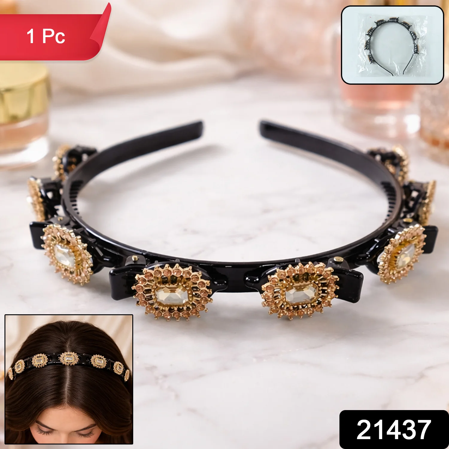 Premium Gold Stone Studded Designer Hair Band (1 Pc) - Image 2