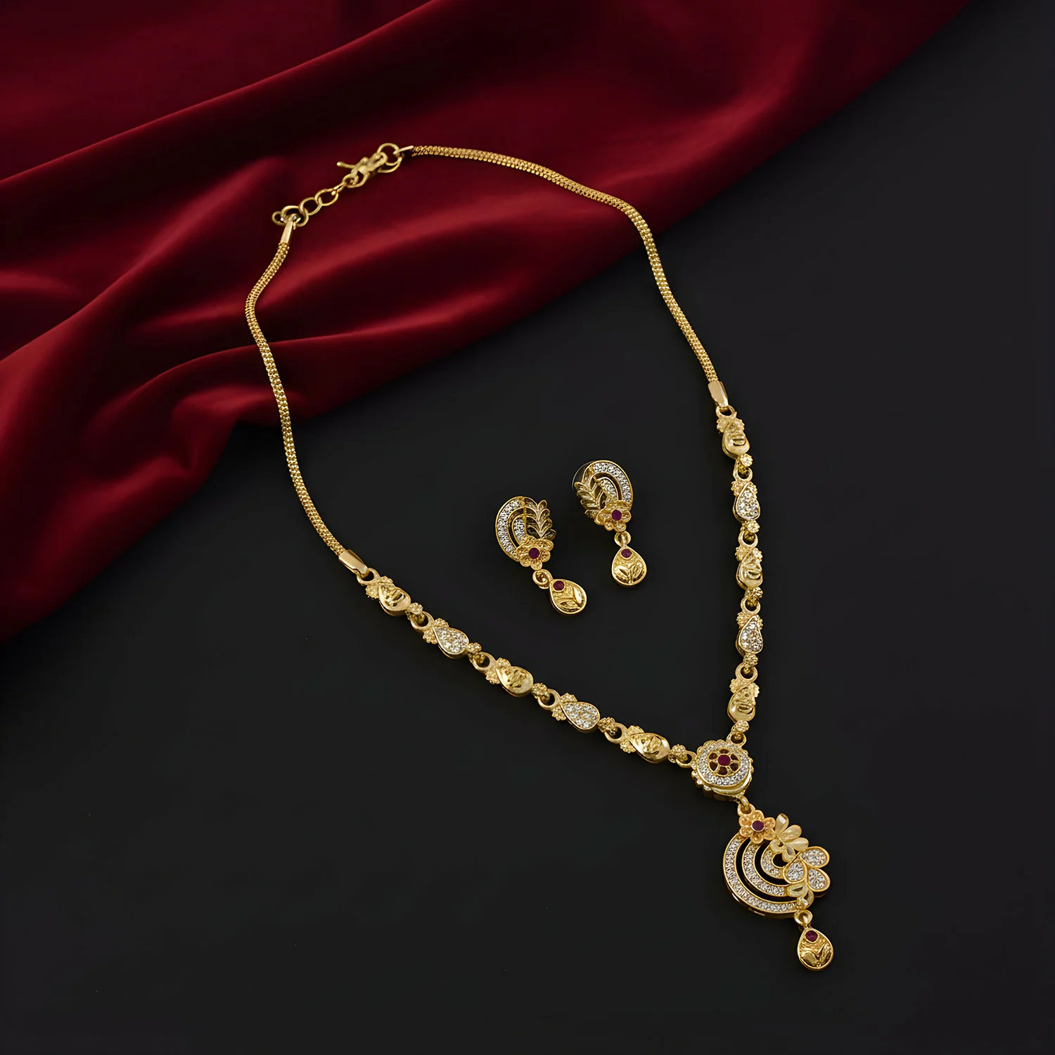 Premium Gold-Tone Ethnic Necklace Set with Floral Pendant Design & Matching Drop Earrings - Image 2