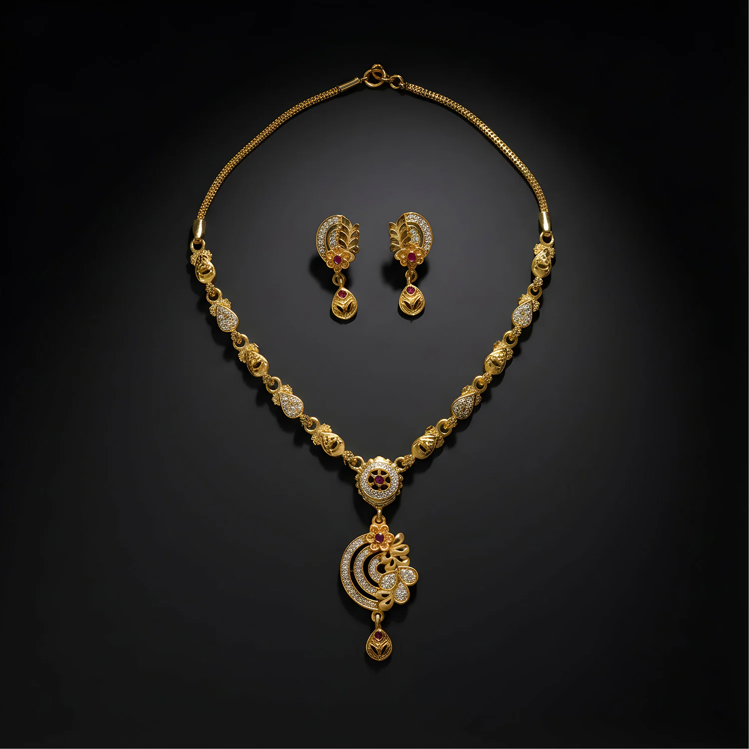 Premium Gold-Tone Ethnic Necklace Set with Floral Pendant Design & Matching Drop Earrings - Image 3