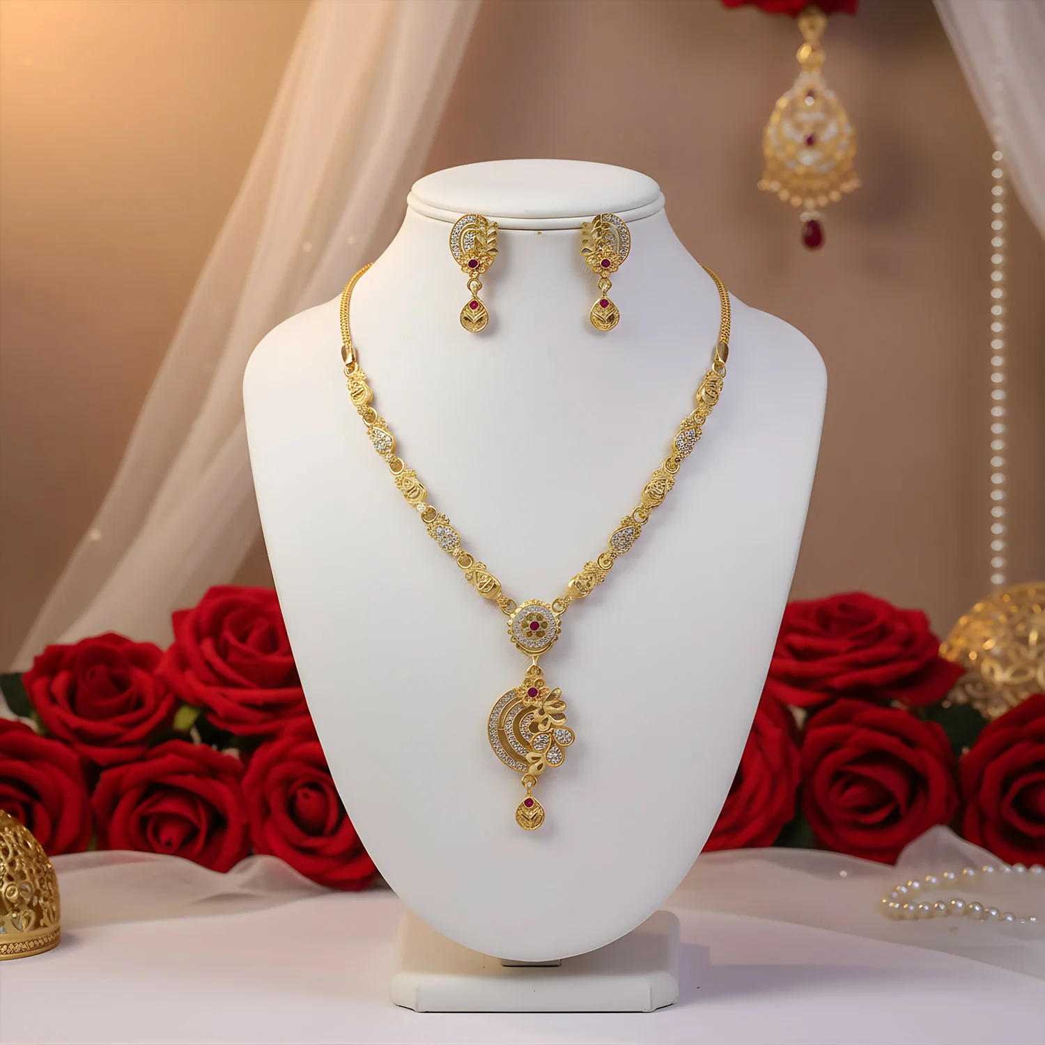 Premium Gold-Tone Ethnic Necklace Set with Floral Pendant Design & Matching Drop Earrings - Image 4
