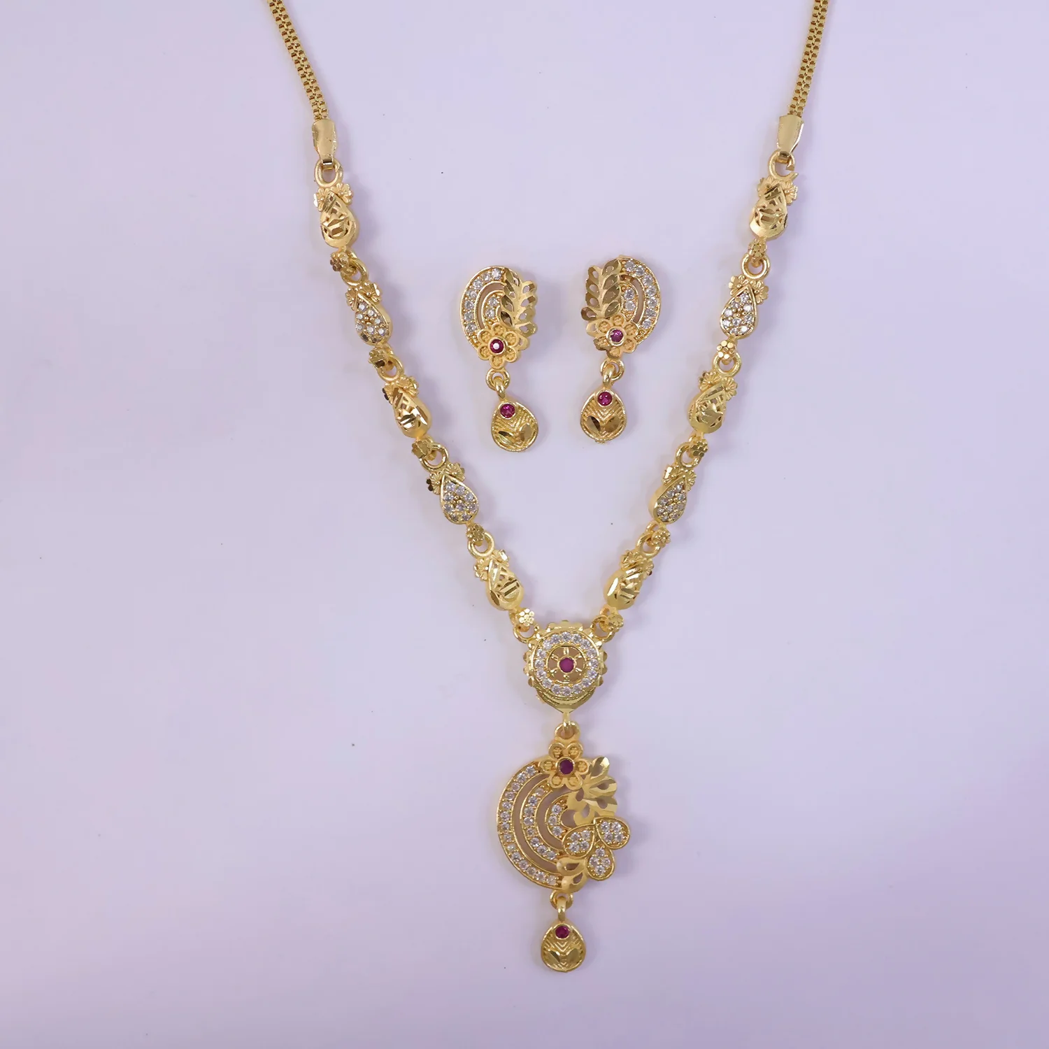 Premium Gold-Tone Ethnic Necklace Set with Floral Pendant Design & Matching Drop Earrings - Image 5