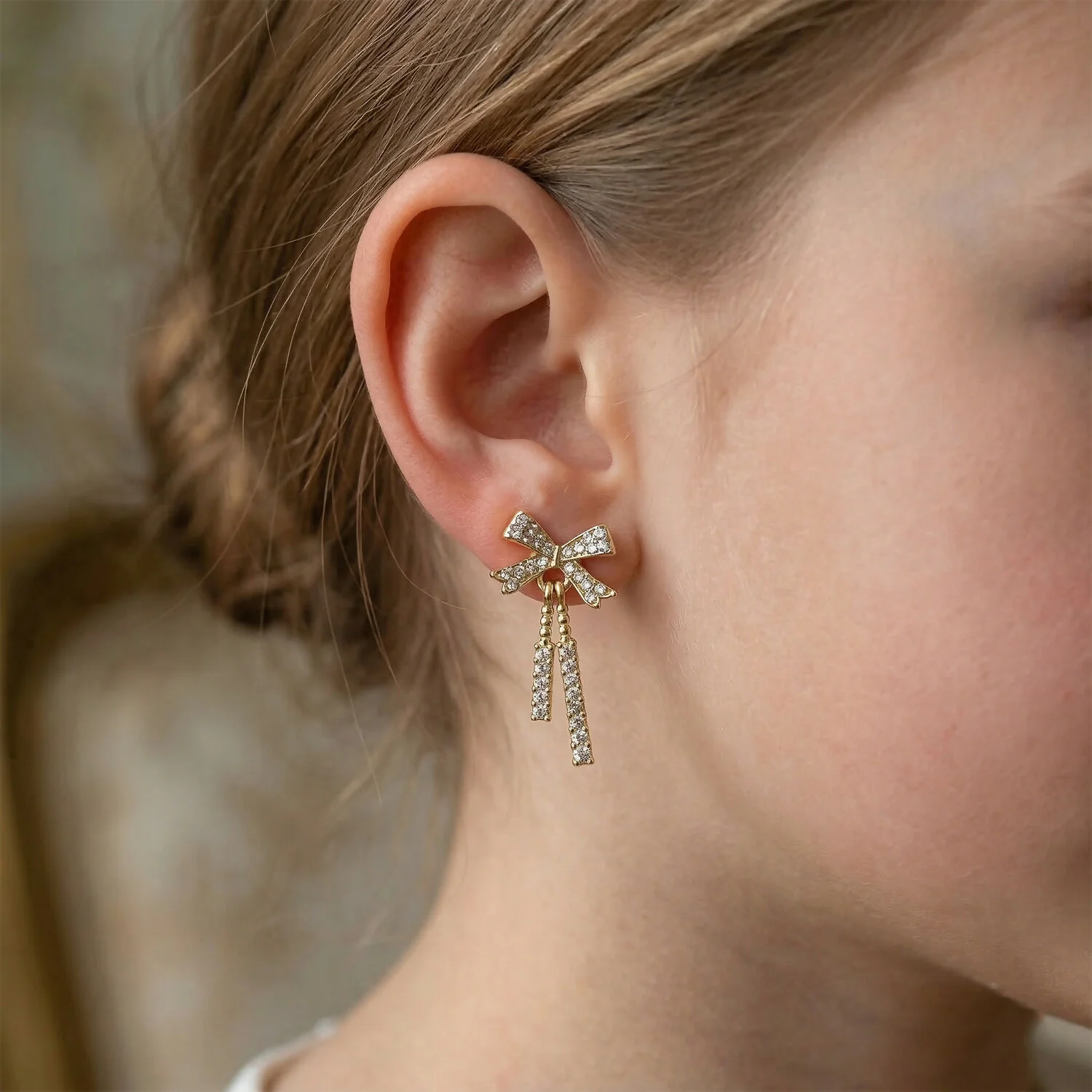 Premium Golden Bow-Knot Diamond Tassel Earrings (Korean Collection) - Image 2