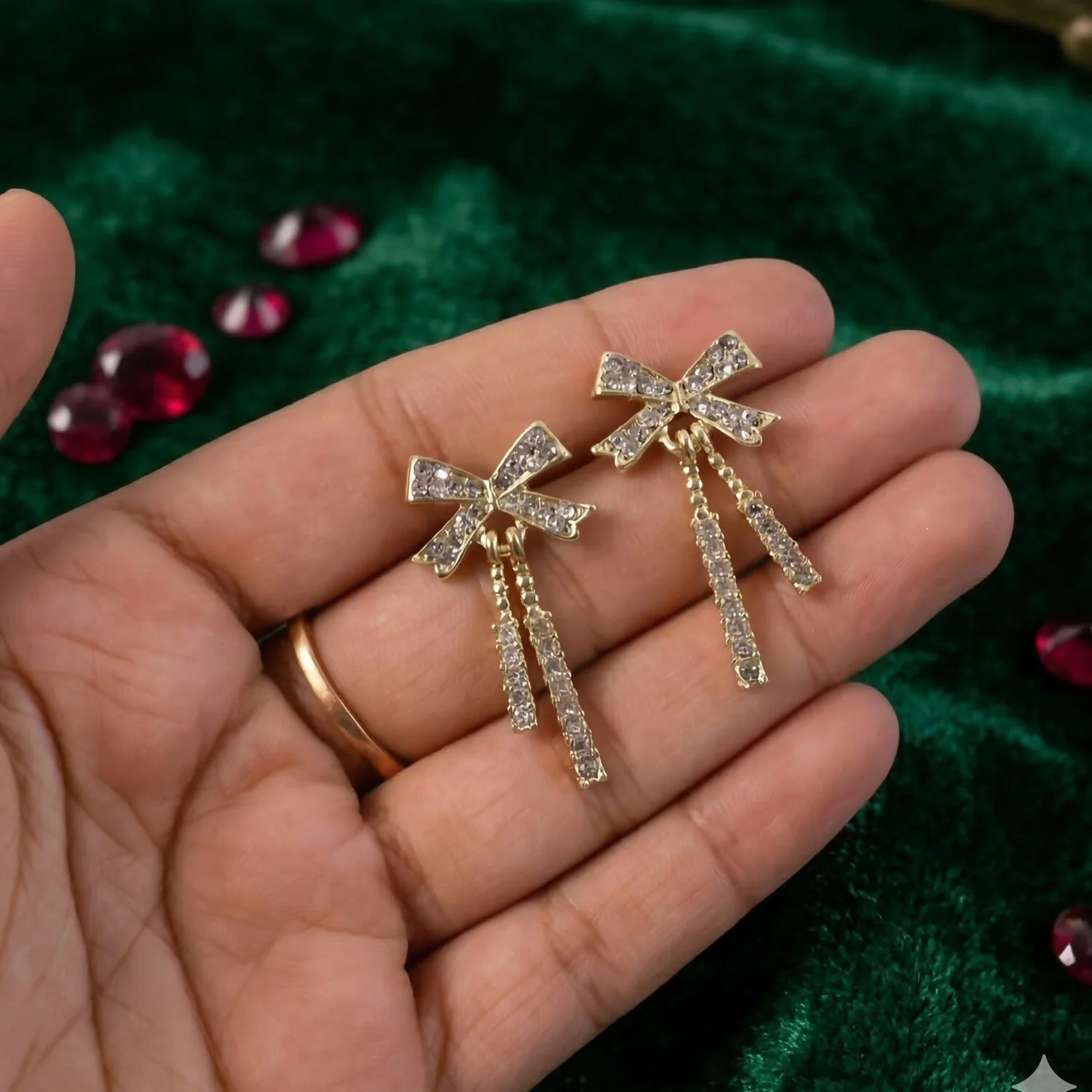 Premium Golden Bow-Knot Diamond Tassel Earrings (Korean Collection) - Image 3