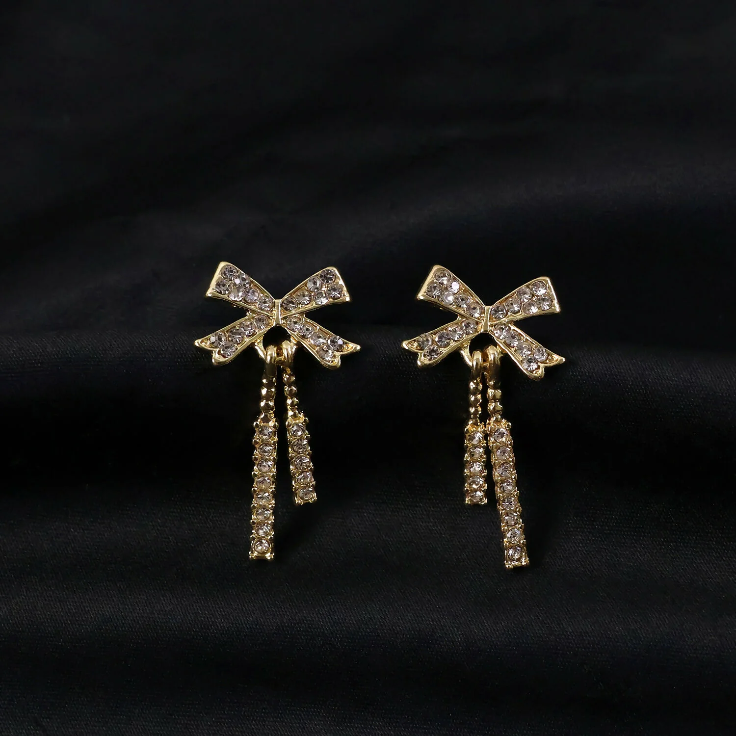 Premium Golden Bow-Knot Diamond Tassel Earrings (Korean Collection) - Image 4