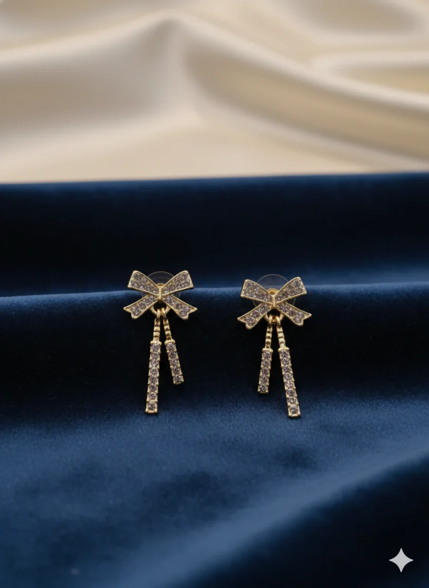 Premium Golden Bow-Knot Diamond Tassel Earrings (Korean Collection) - Image 6
