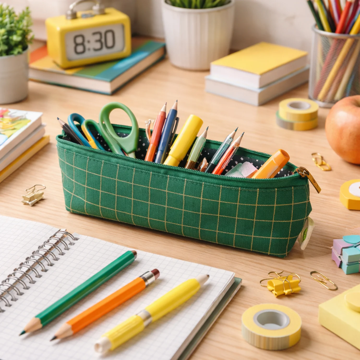 Premium Green Grid Printed Zipper Pencil Pouch Organizer (1 Pc) - Image 3