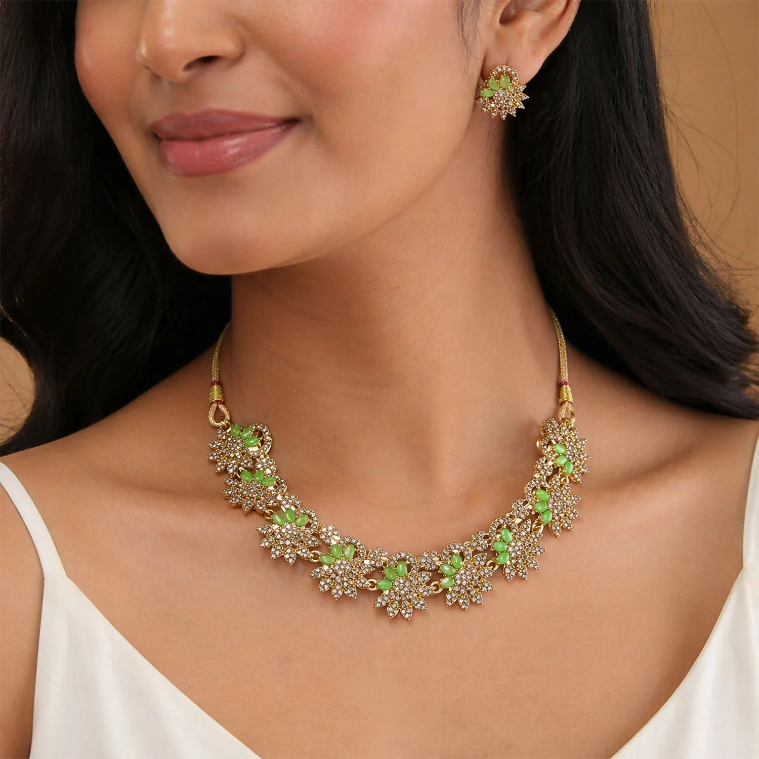 Premium Green Stone Floral Necklace Set with Matching Earrings for Women - Image 2