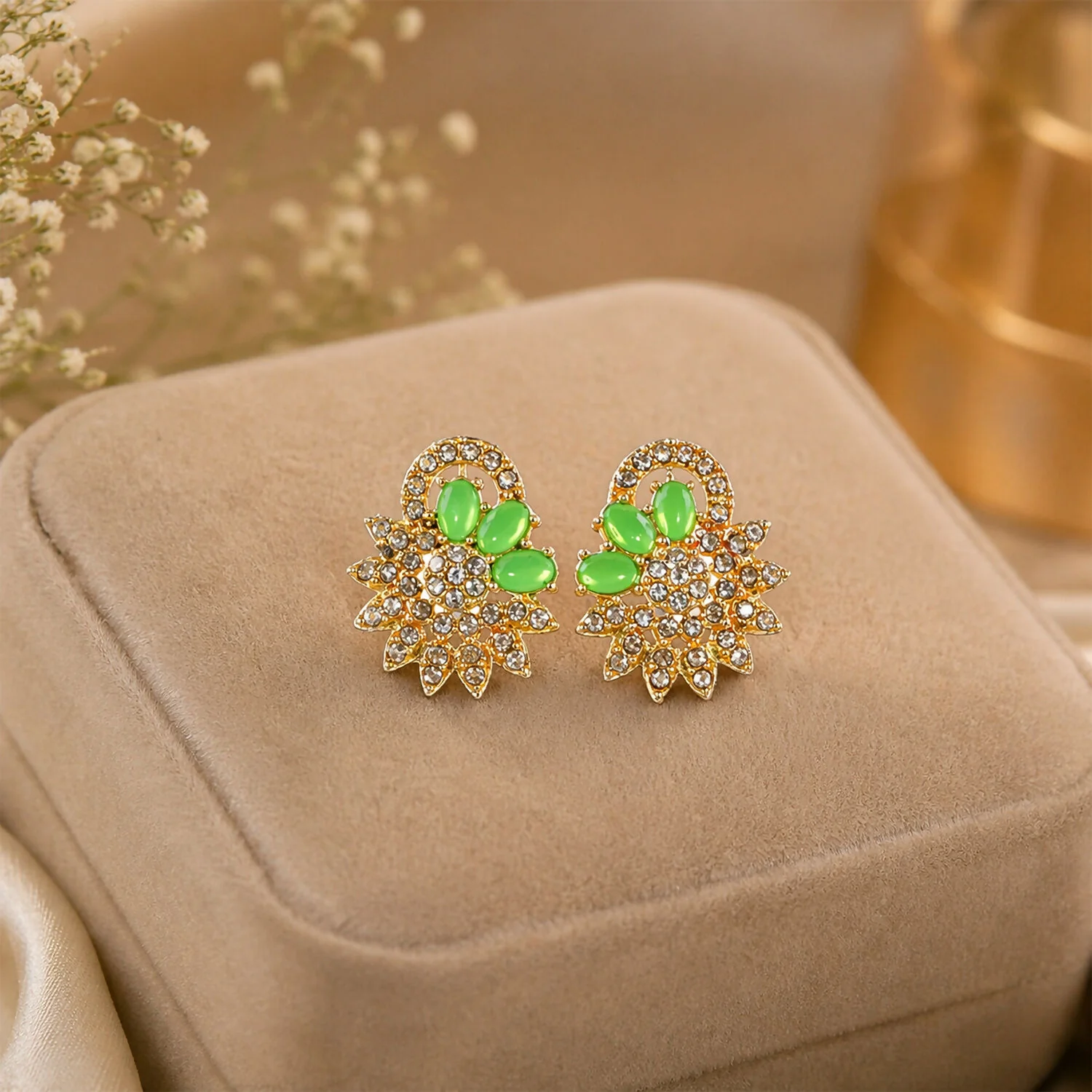 Premium Green Stone Floral Necklace Set with Matching Earrings for Women - Image 3