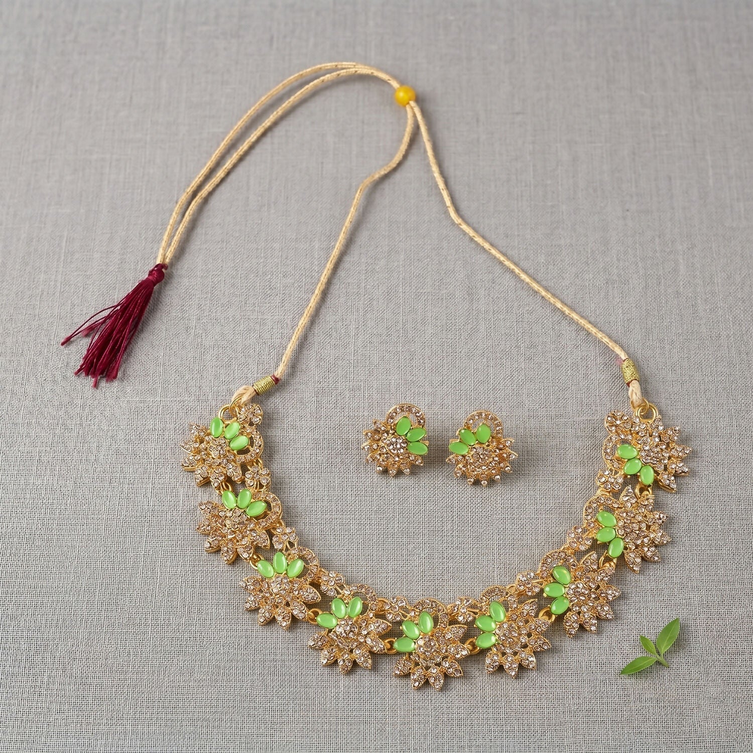 Premium Green Stone Floral Necklace Set with Matching Earrings for Women - Image 4