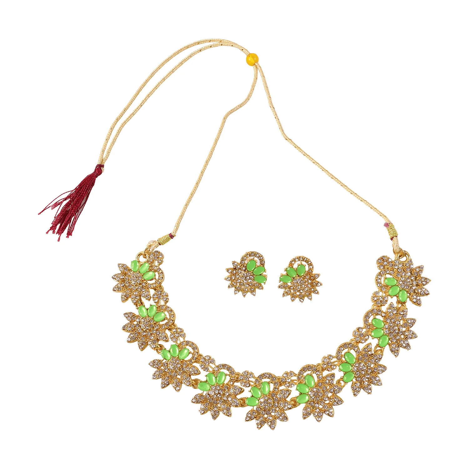 Premium Green Stone Floral Necklace Set with Matching Earrings for Women - Image 5