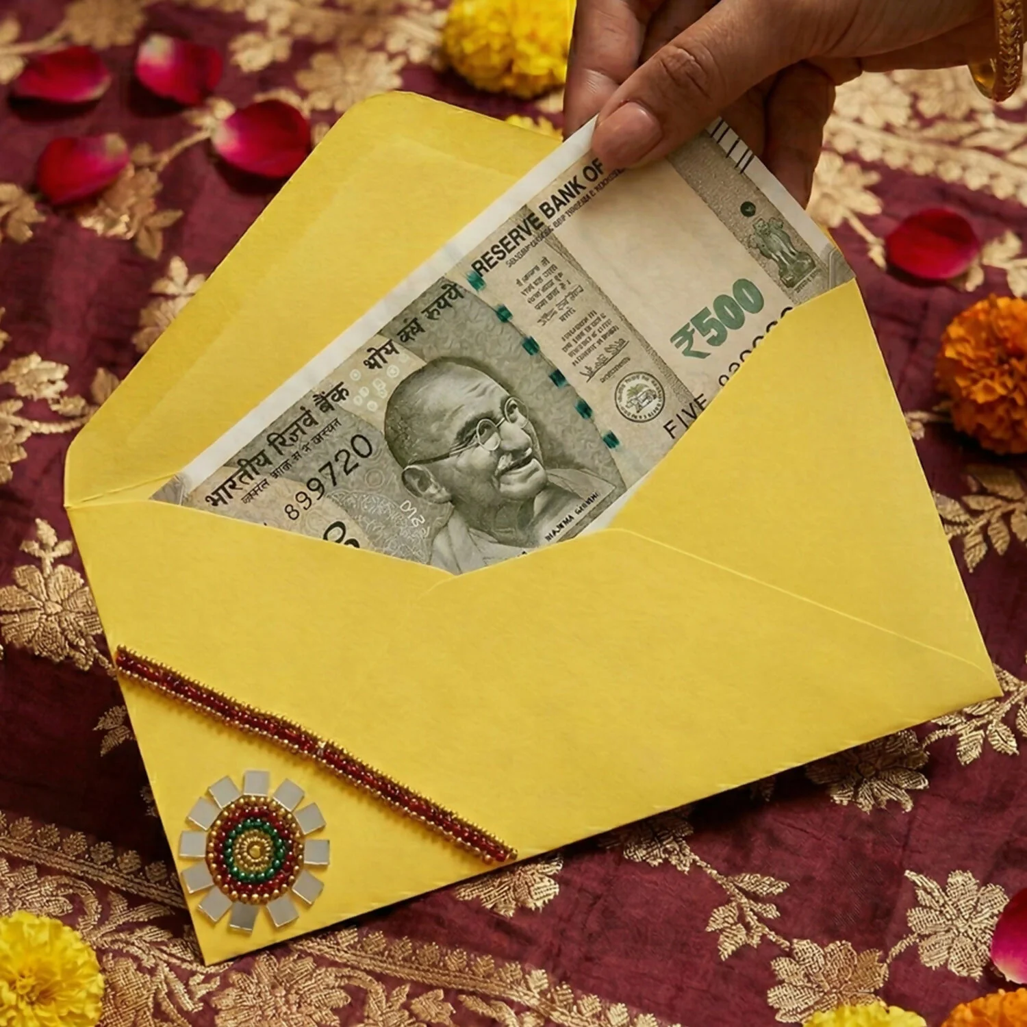 PREMIUM HANDCRAFTED MIRROR WORK SHAGUN ENVELOPES FOR GIFTING - SET OF 5 - Image 3