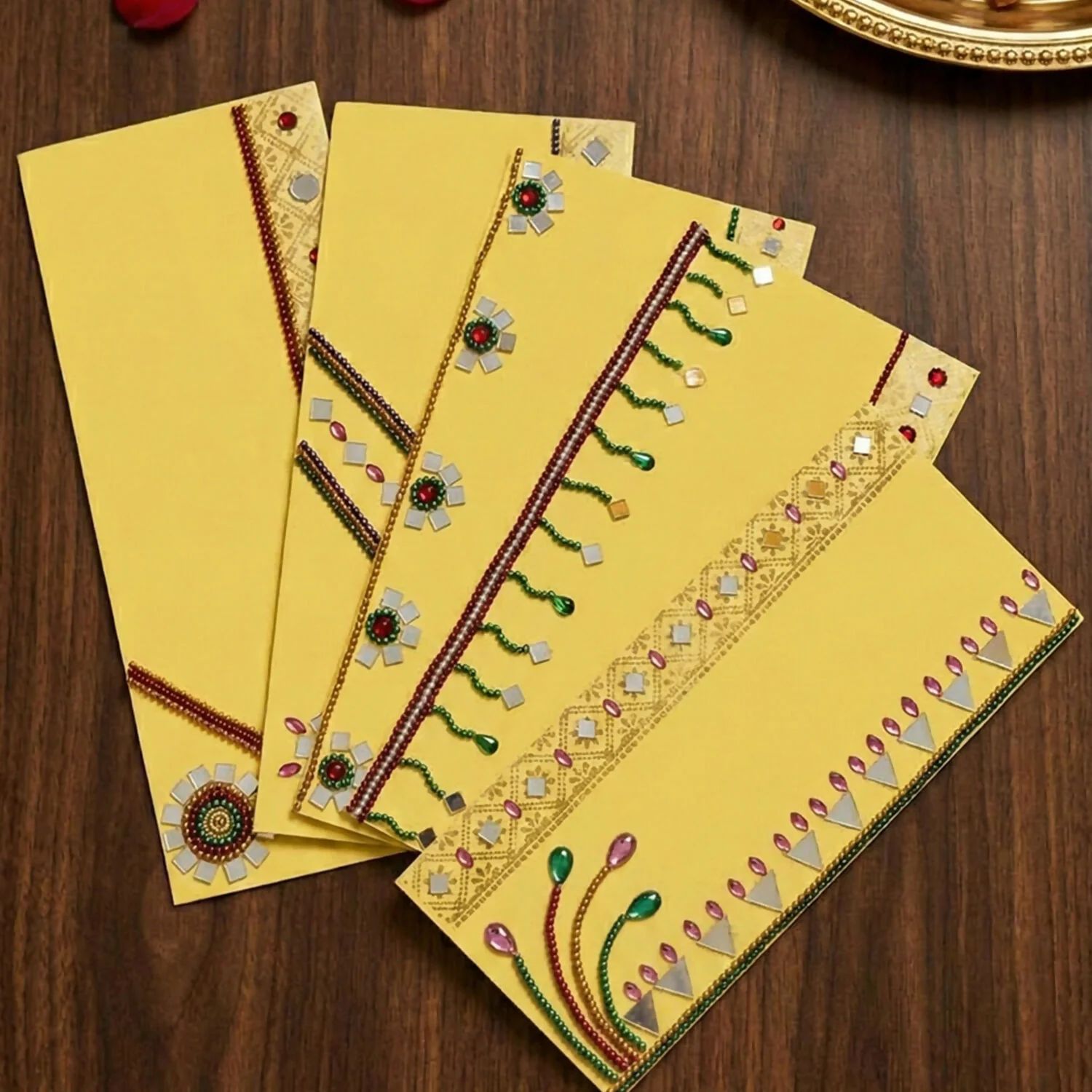 PREMIUM HANDCRAFTED MIRROR WORK SHAGUN ENVELOPES FOR GIFTING - SET OF 5 - Image 4