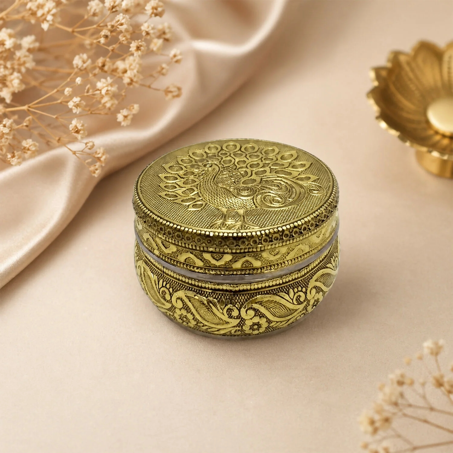 Premium Handicraft Decorative Stainless Steel Storage Box with Embossed Traditional Peacock Design Lid - Image 2