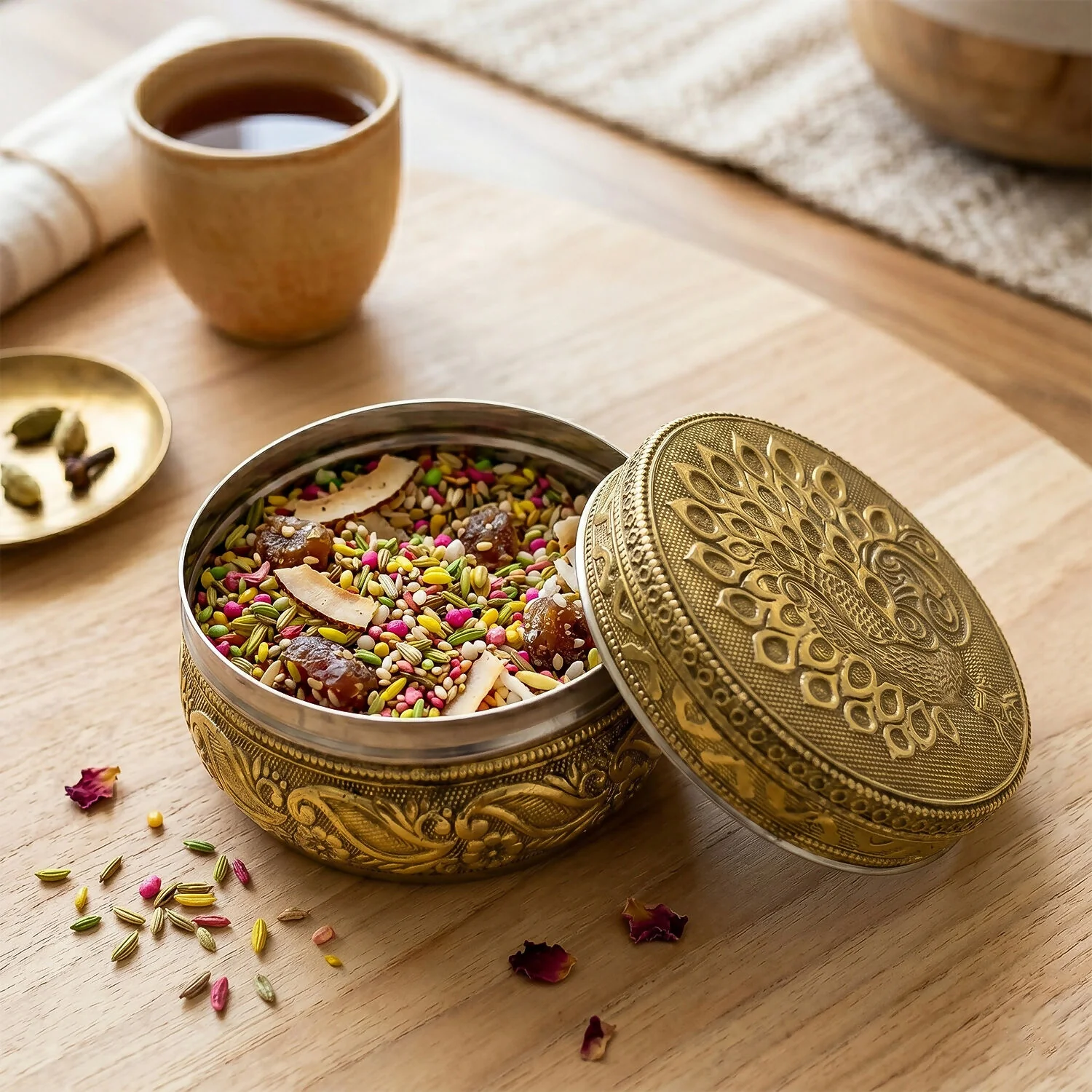 Premium Handicraft Decorative Stainless Steel Storage Box with Embossed Traditional Peacock Design Lid - Image 3