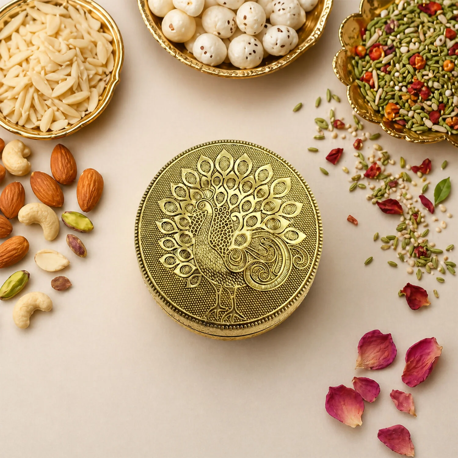Premium Handicraft Decorative Stainless Steel Storage Box with Embossed Traditional Peacock Design Lid - Image 4